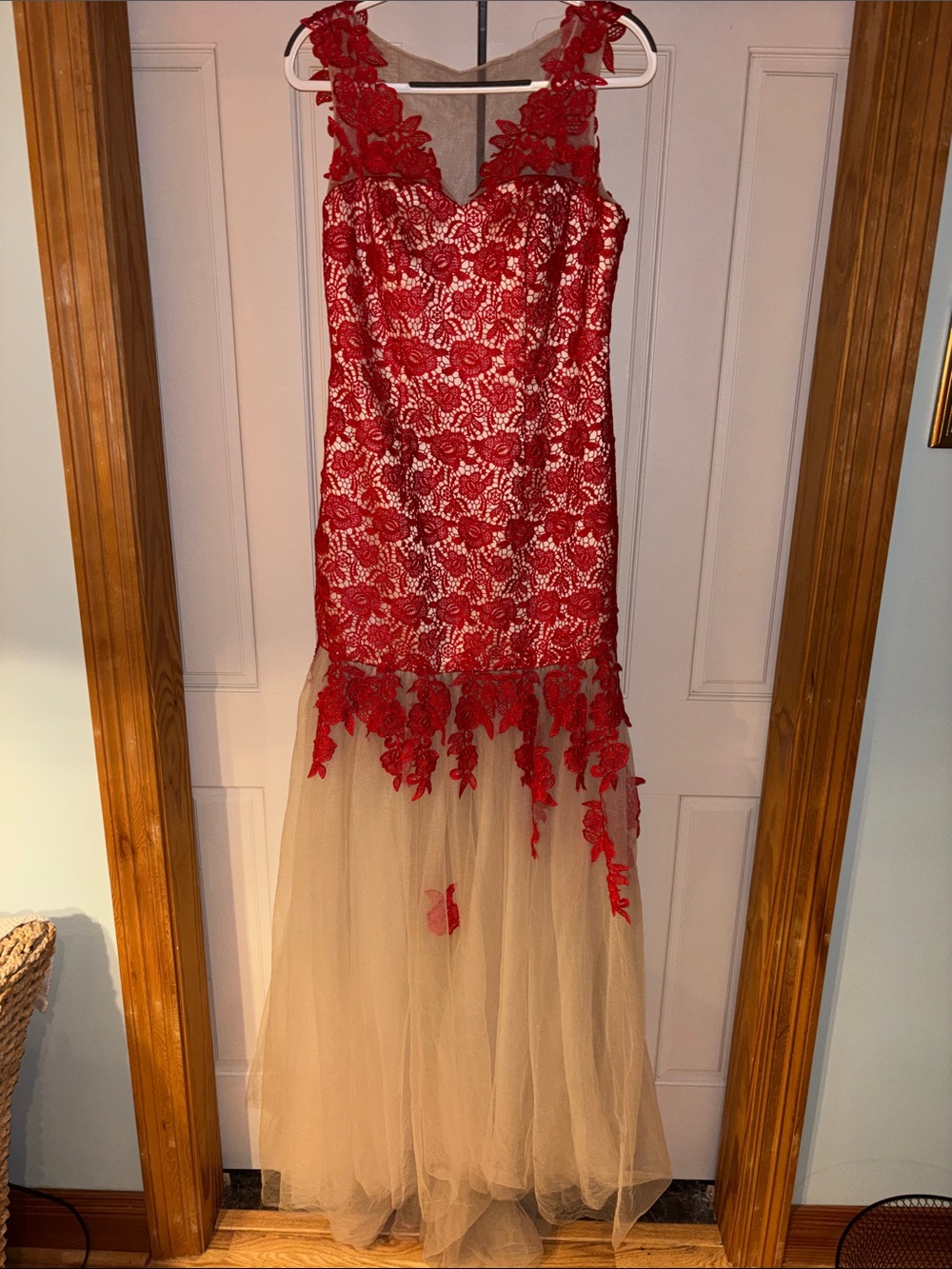 Formal Red Lace & Tulle Evening Dress, V neckline and illusion back. Side zip